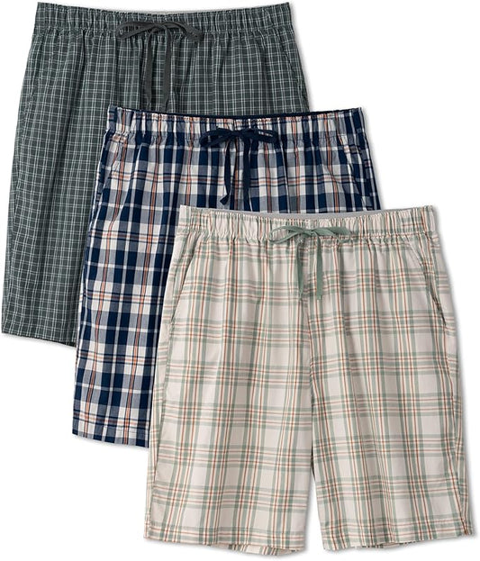 3-Pack Men’s Plaid Pajama Shorts, Lightweight Woven Lounge Sleep Bottoms with Pockets