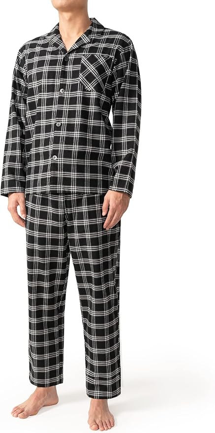 Men's Cotton Pajama Set – Soft Long Sleeve Sleepwear with Notched Collar, Pockets & Front Fly