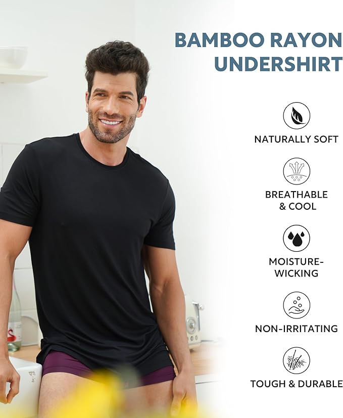 Men's Bamboo Rayon Crewneck Tees, Moisture-Wicking, Stretchy Undershirts – 5 Pack