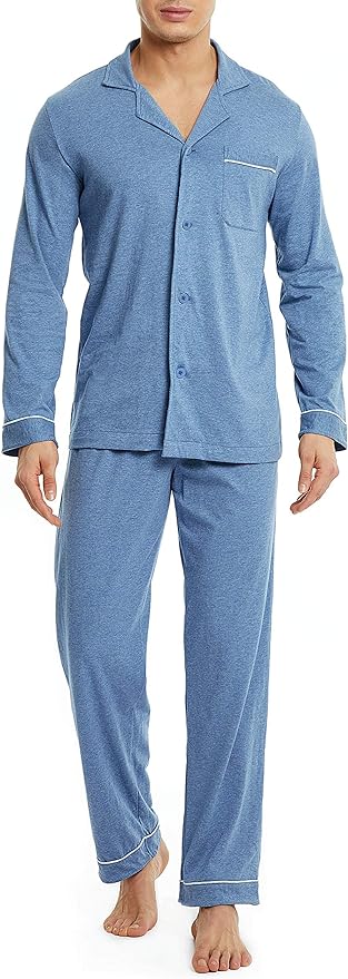 Men's Cotton Pajama Set – Soft Long Sleeve Sleepwear with Notched Collar, Pockets & Front Fly