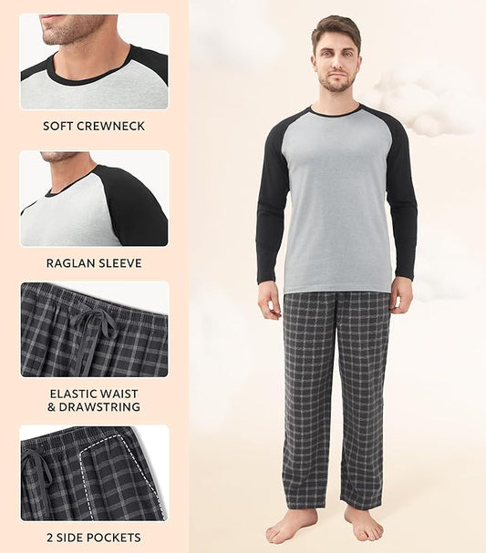 Men’s Lightweight Long Sleeve Pajama Set, Soft Sleepwear Lounge Set with Pockets