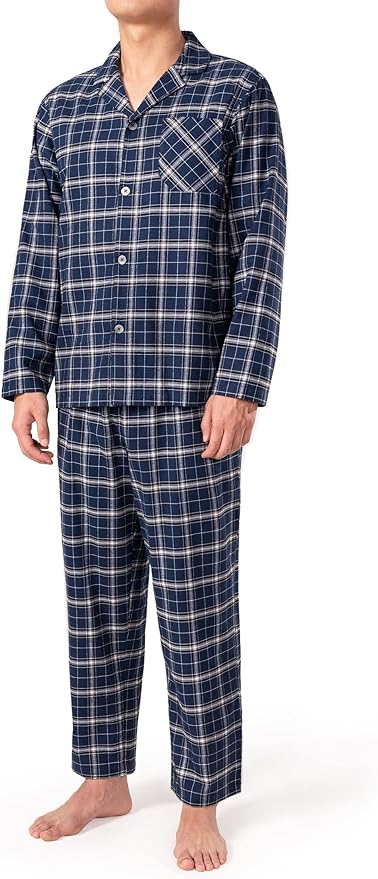 Men's Cotton Pajama Set – Soft Long Sleeve Sleepwear with Notched Collar, Pockets & Front Fly