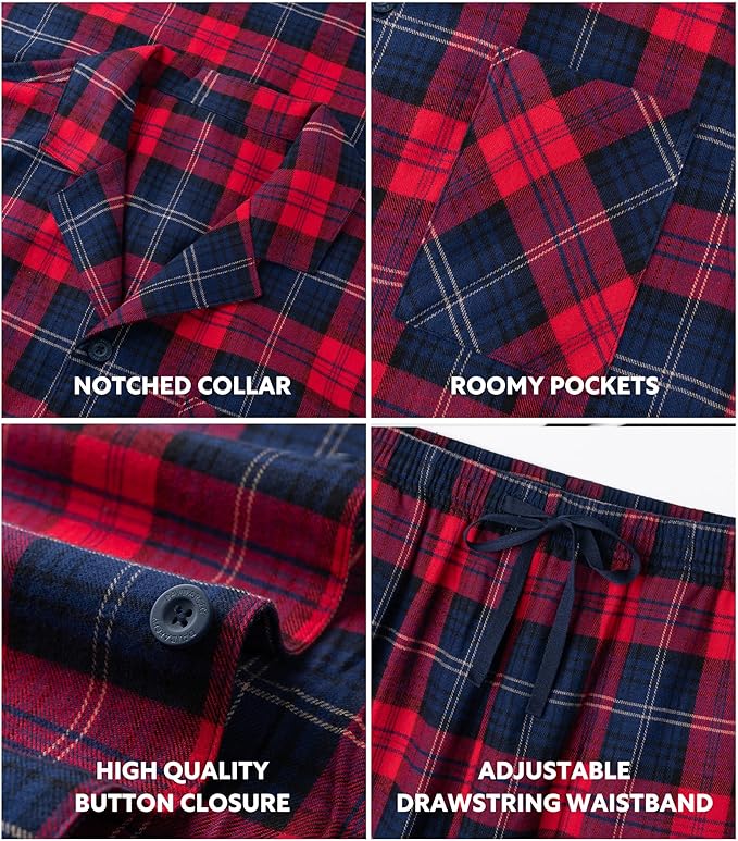Men’s Ultra-Soft Flannel Pajama Set, Classic Plaid Cotton Lounge Sleepwear with Pockets