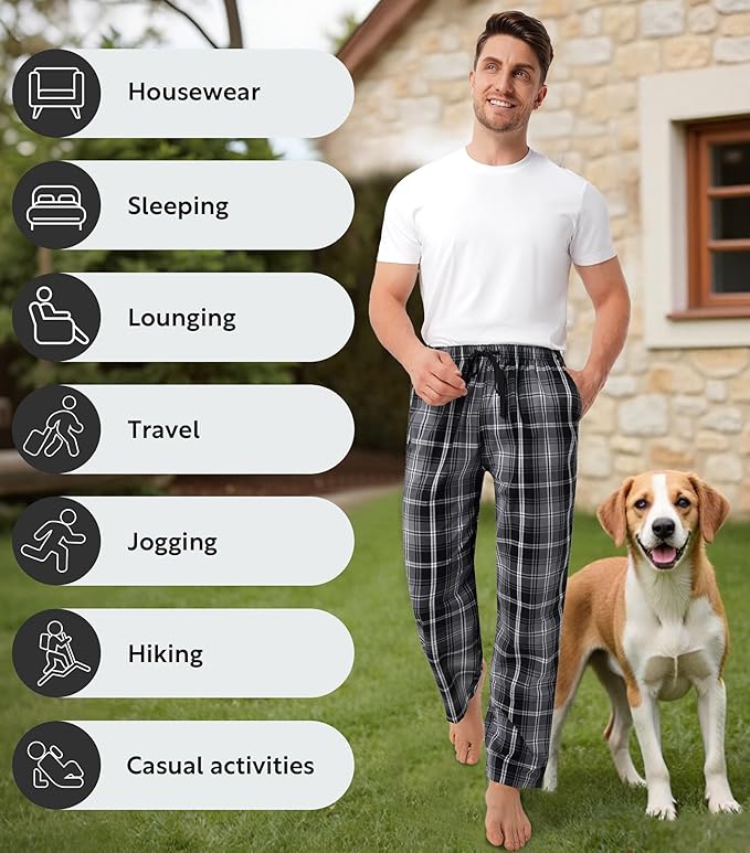 3-Pack Men’s Plaid Pajama Pants, Shrink-Resistant Woven Lounge Sleep Bottoms with Pockets