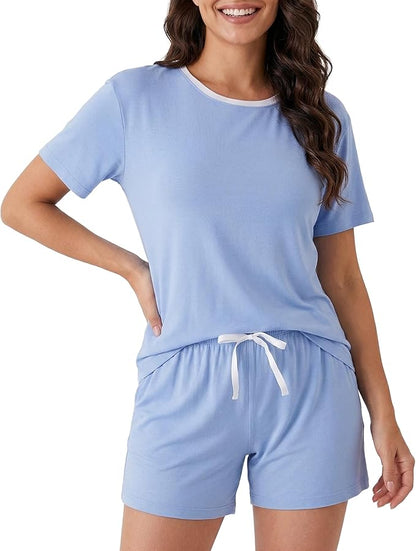 Women’s Cooling Bamboo Pajama Set, Soft Short Sleeve Lounge Sleepwear with Pockets