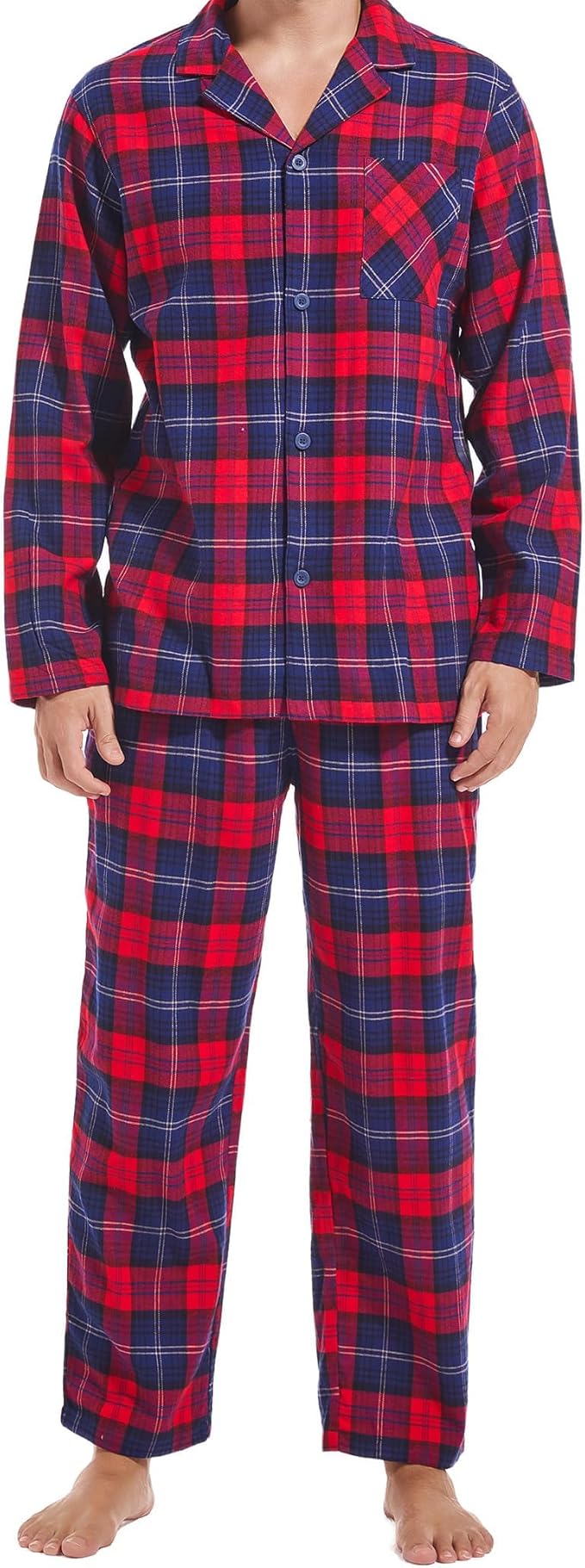 Men’s Ultra-Soft Flannel Pajama Set, Classic Plaid Cotton Lounge Sleepwear with Pockets