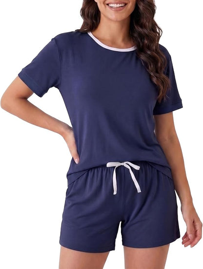Women’s Cooling Bamboo Pajama Set, Soft Short Sleeve Lounge Sleepwear with Pockets