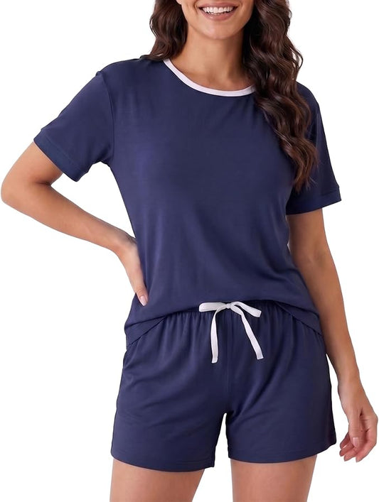 Women’s Cooling Bamboo Pajama Set, Soft Short Sleeve Lounge Sleepwear with Pockets