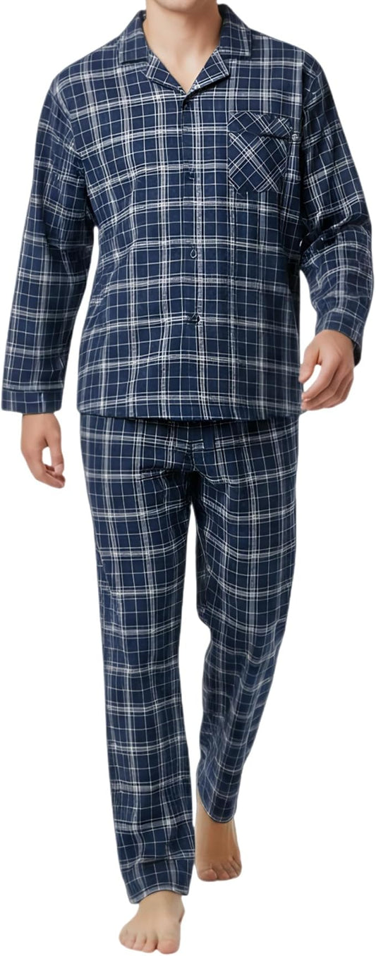 Men’s Ultra-Soft Flannel Pajama Set, Classic Plaid Cotton Lounge Sleepwear with Pockets
