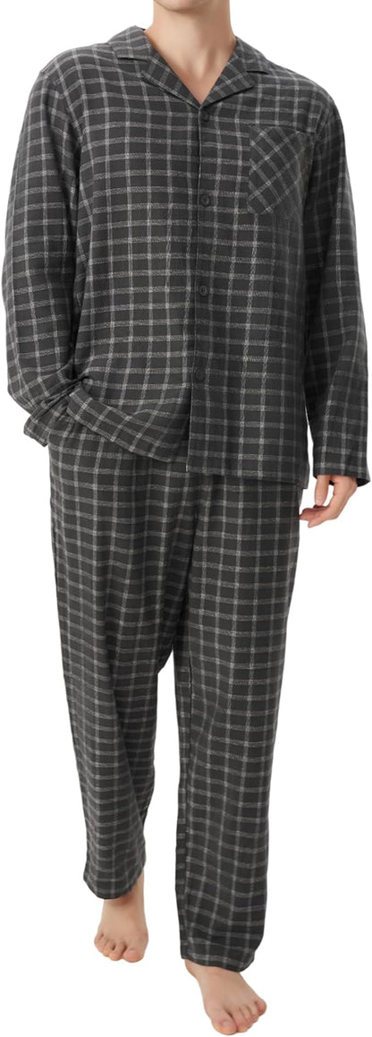Men’s Ultra-Soft Flannel Pajama Set, Classic Plaid Cotton Lounge Sleepwear with Pockets