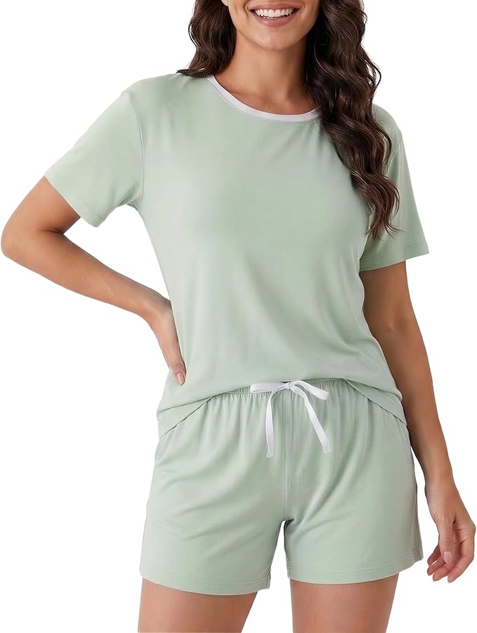 Women’s Cooling Bamboo Pajama Set, Soft Short Sleeve Lounge Sleepwear with Pockets