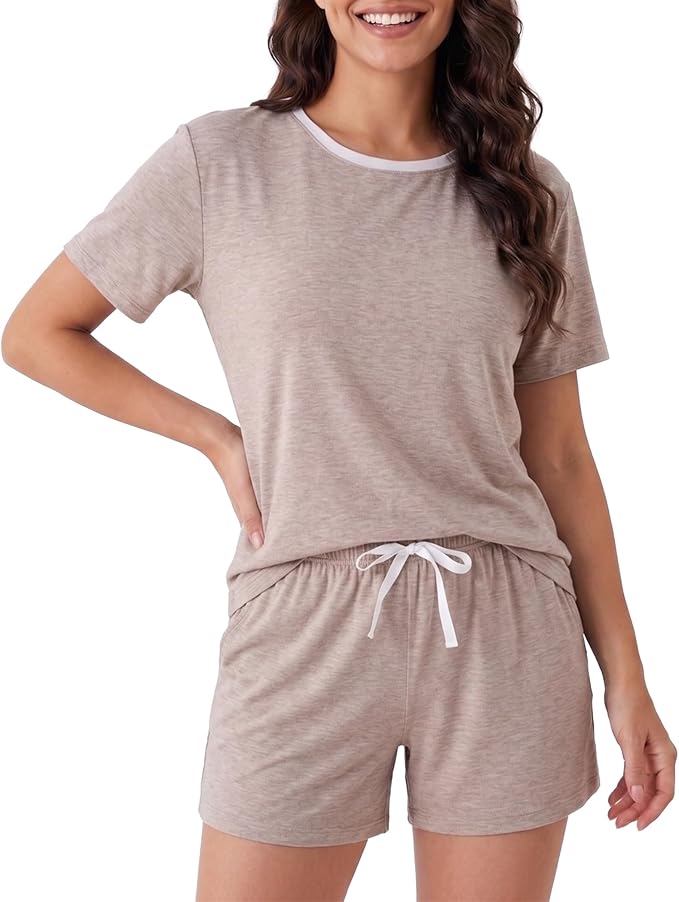 Women’s Cooling Bamboo Pajama Set, Soft Short Sleeve Lounge Sleepwear with Pockets