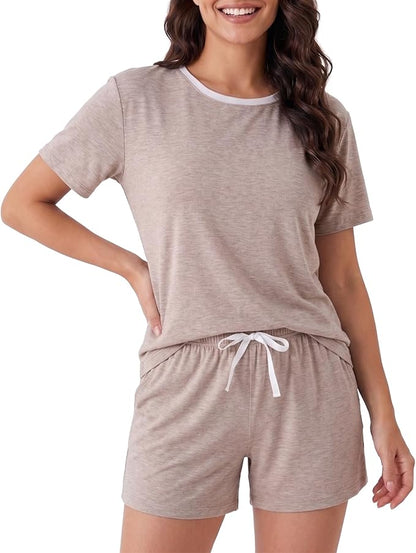 Women’s Cooling Bamboo Pajama Set, Soft Short Sleeve Lounge Sleepwear with Pockets