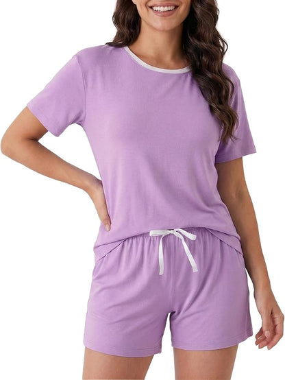 Women’s Cooling Bamboo Pajama Set, Soft Short Sleeve Lounge Sleepwear with Pockets