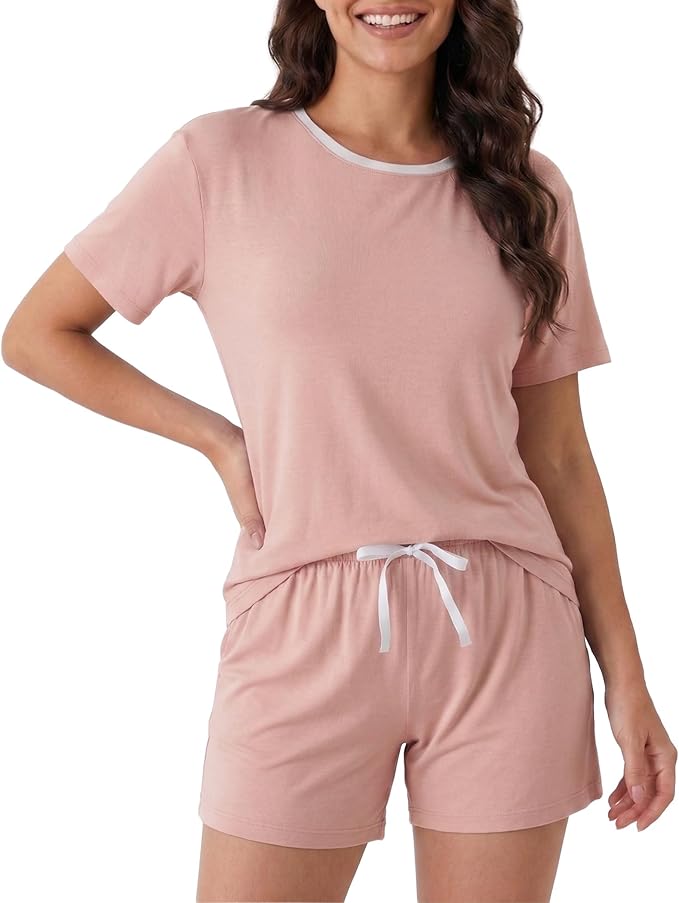 Women’s Cooling Bamboo Pajama Set, Soft Short Sleeve Lounge Sleepwear with Pockets