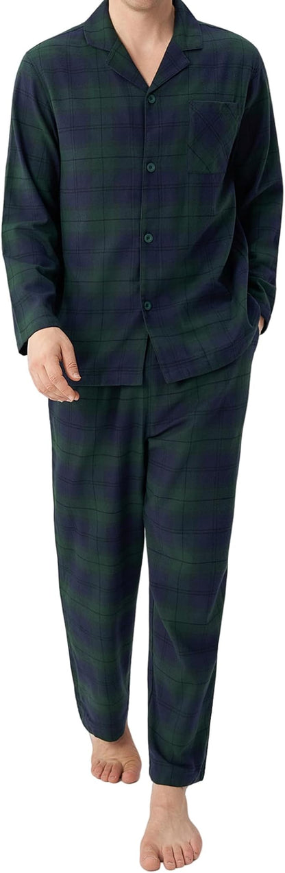 Men’s Ultra-Soft Flannel Pajama Set, Classic Plaid Cotton Lounge Sleepwear with Pockets
