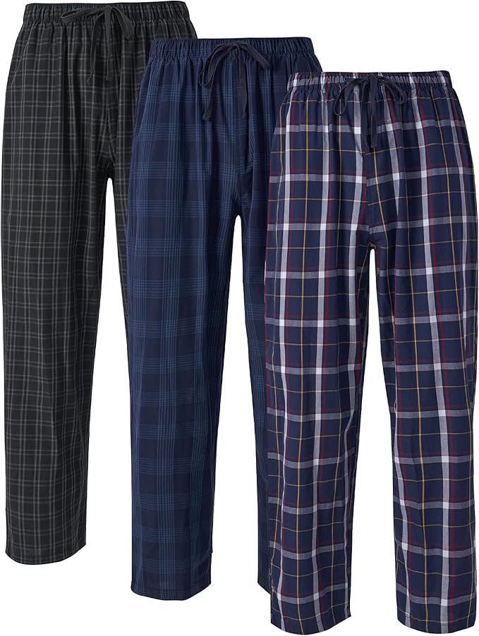 3-Pack Men’s Plaid Pajama Pants, Shrink-Resistant Woven Lounge Sleep Bottoms with Pockets