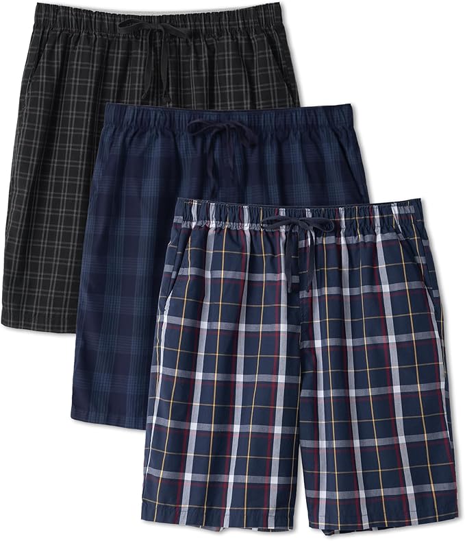 3-Pack Men’s Plaid Pajama Shorts, Lightweight Woven Lounge Sleep Bottoms with Pockets