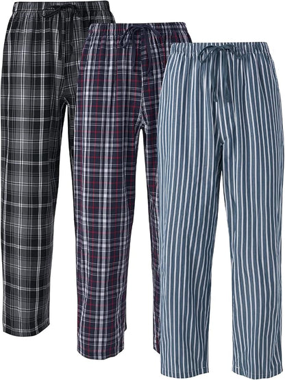 3-Pack Men’s Plaid Pajama Pants, Shrink-Resistant Woven Lounge Sleep Bottoms with Pockets