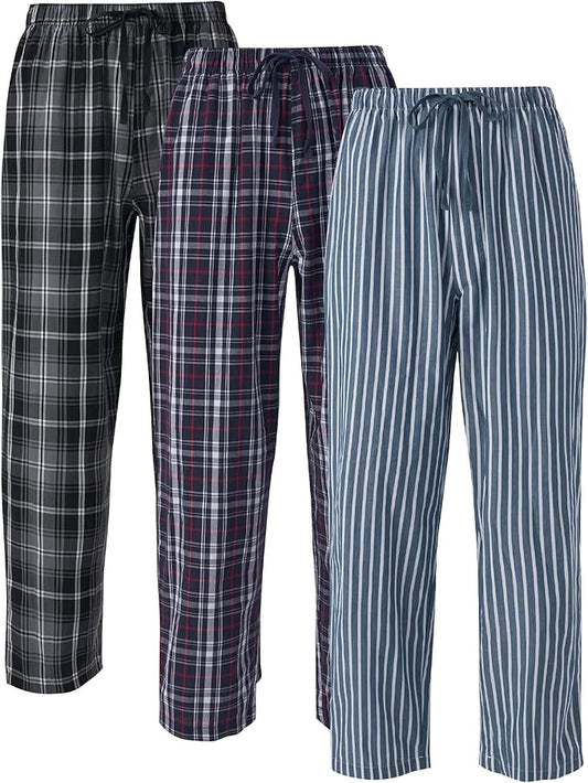 3-Pack Men’s Plaid Pajama Pants, Shrink-Resistant Woven Lounge Sleep Bottoms with Pockets