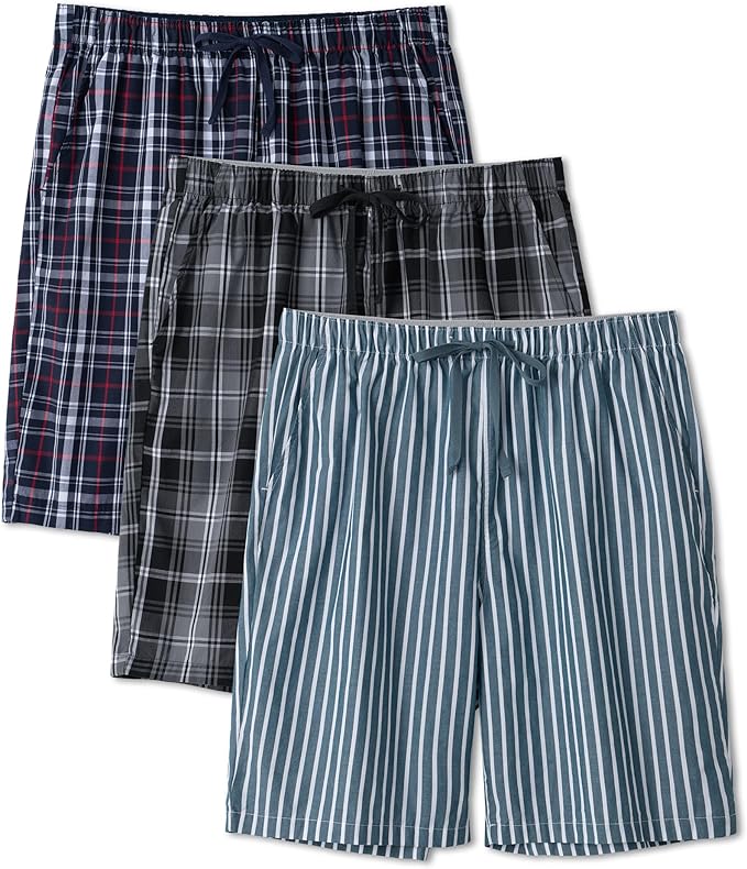3-Pack Men’s Plaid Pajama Shorts, Lightweight Woven Lounge Sleep Bottoms with Pockets