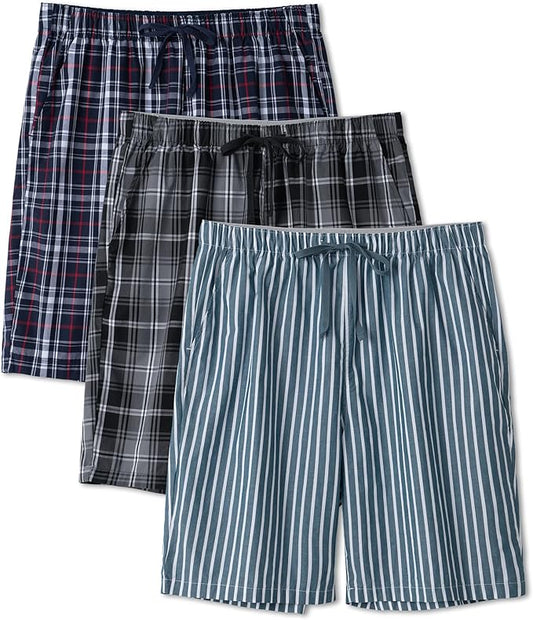 3-Pack Men’s Plaid Pajama Shorts, Lightweight Woven Lounge Sleep Bottoms with Pockets