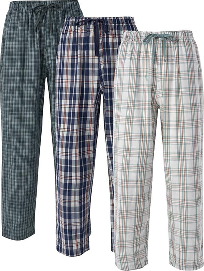 3-Pack Men’s Plaid Pajama Pants, Shrink-Resistant Woven Lounge Sleep Bottoms with Pockets