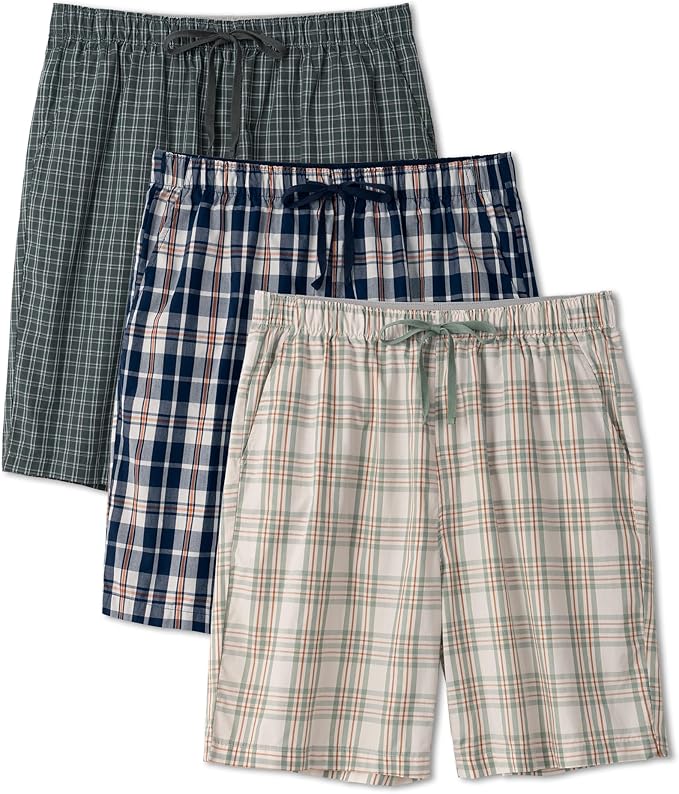 3-Pack Men’s Plaid Pajama Shorts, Lightweight Woven Lounge Sleep Bottoms with Pockets