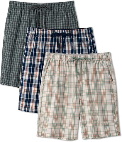 3-Pack Men’s Plaid Pajama Shorts, Lightweight Woven Lounge Sleep Bottoms with Pockets