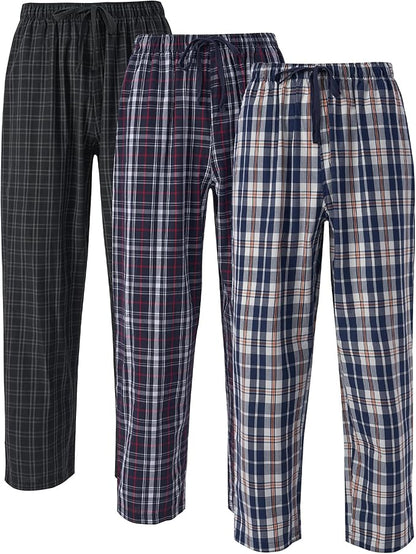 3-Pack Men’s Plaid Pajama Pants, Shrink-Resistant Woven Lounge Sleep Bottoms with Pockets