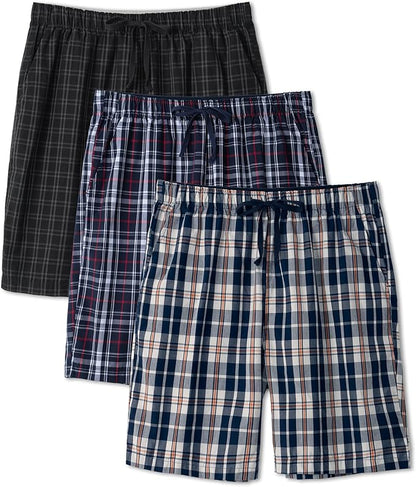 3-Pack Men’s Plaid Pajama Shorts, Lightweight Woven Lounge Sleep Bottoms with Pockets