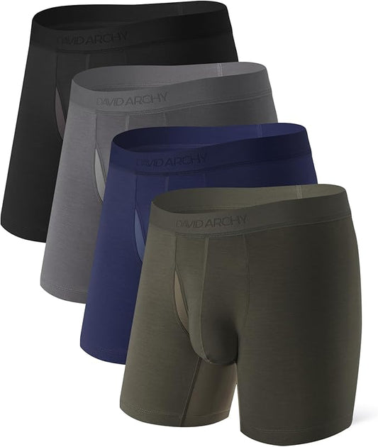 4-Pack Men’s Moisture-Wicking Modal Boxer Briefs, Breathable Underwear with Support Pouch