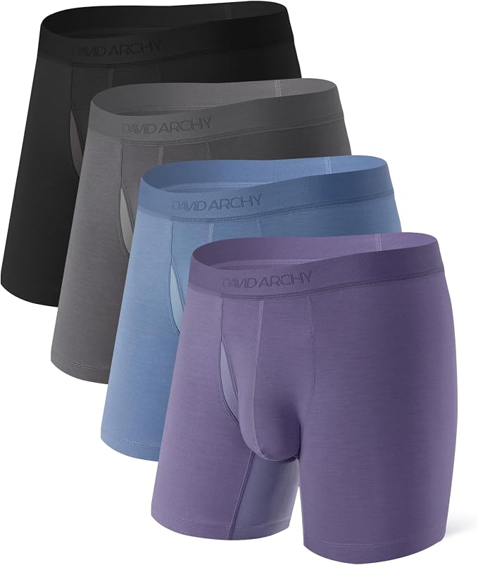 4-Pack Men’s Moisture-Wicking Modal Boxer Briefs, Breathable Underwear with Support Pouch