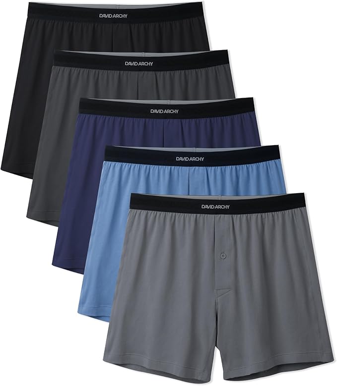 5-Pack Men’s Combed Cotton Knit Boxers, Soft Breathable Boxer Shorts with Button Fly