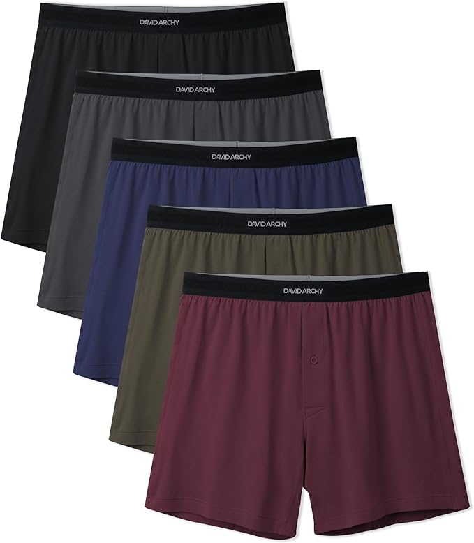 5-Pack Men’s Combed Cotton Knit Boxers, Soft Breathable Boxer Shorts with Button Fly