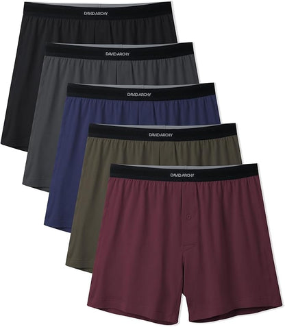 5-Pack Men’s Combed Cotton Knit Boxers, Soft Breathable Boxer Shorts with Button Fly