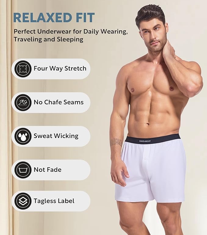 5-Pack Men’s Combed Cotton Knit Boxers, Soft Breathable Boxer Shorts with Button Fly