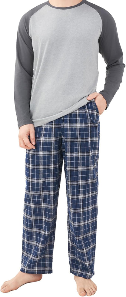 Men’s Lightweight Long Sleeve Pajama Set, Soft Sleepwear Lounge Set with Pockets