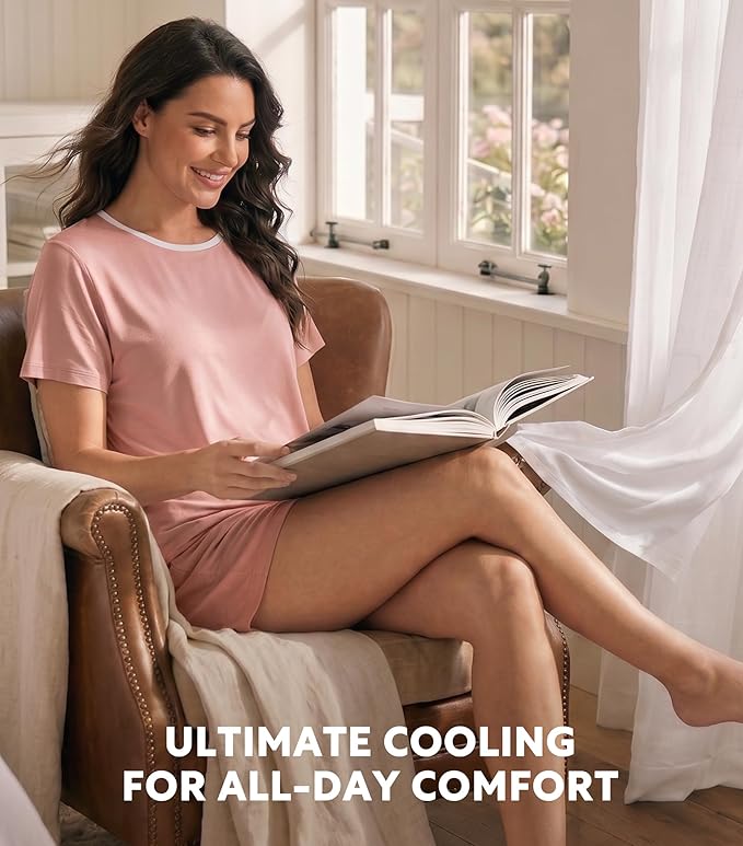 Women’s Cooling Bamboo Pajama Set, Soft Short Sleeve Lounge Sleepwear with Pockets