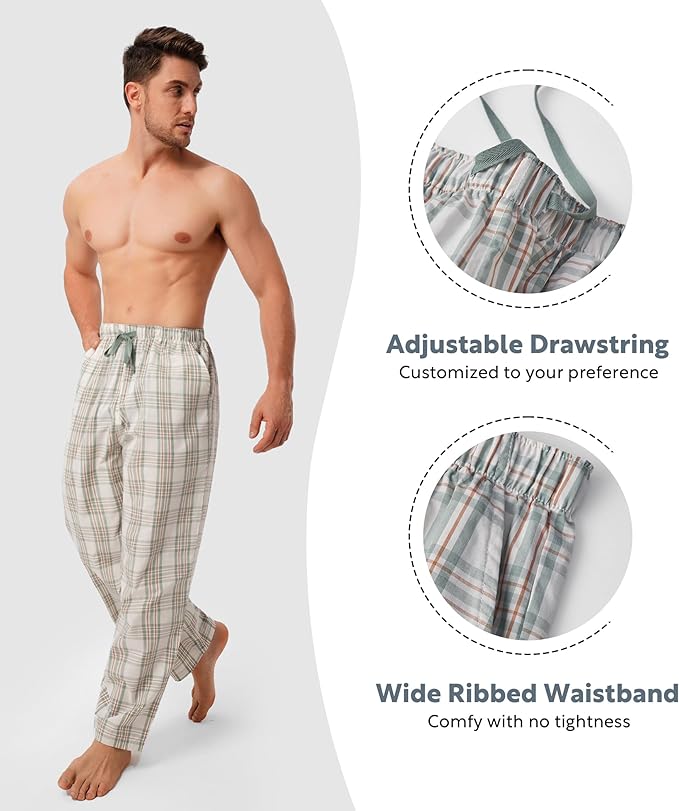 3-Pack Men’s Plaid Pajama Pants, Shrink-Resistant Woven Lounge Sleep Bottoms with Pockets