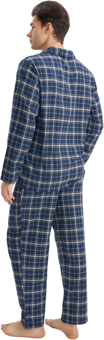 Men’s Ultra-Soft Flannel Pajama Set, Classic Plaid Cotton Lounge Sleepwear with Pockets