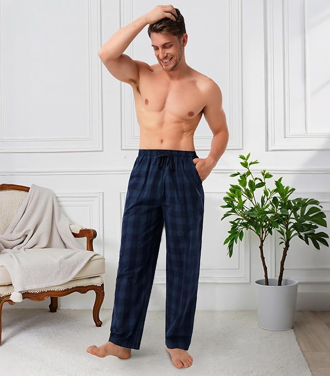 3-Pack Men’s Plaid Pajama Pants, Shrink-Resistant Woven Lounge Sleep Bottoms with Pockets