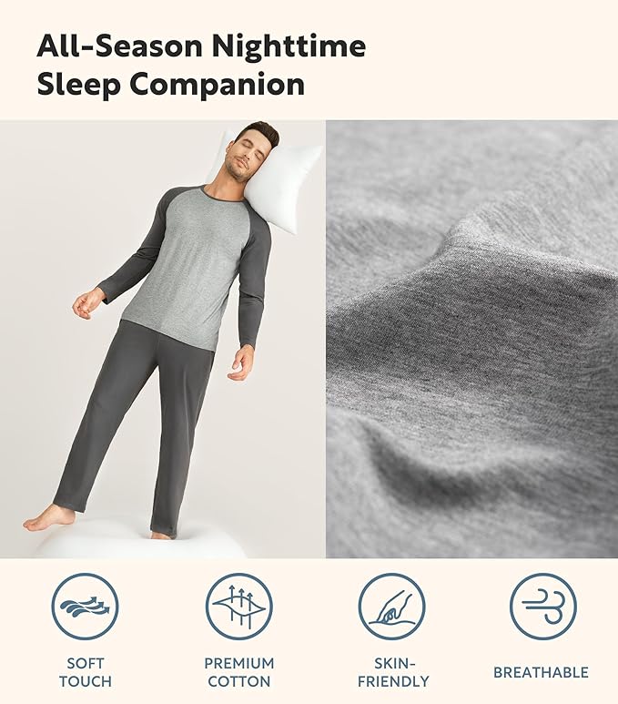 Men’s Lightweight Long Sleeve Pajama Set, Soft Sleepwear Lounge Set with Pockets