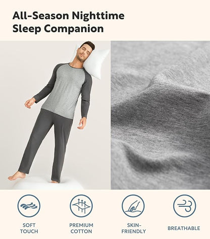 Men’s Lightweight Long Sleeve Pajama Set, Soft Sleepwear Lounge Set with Pockets