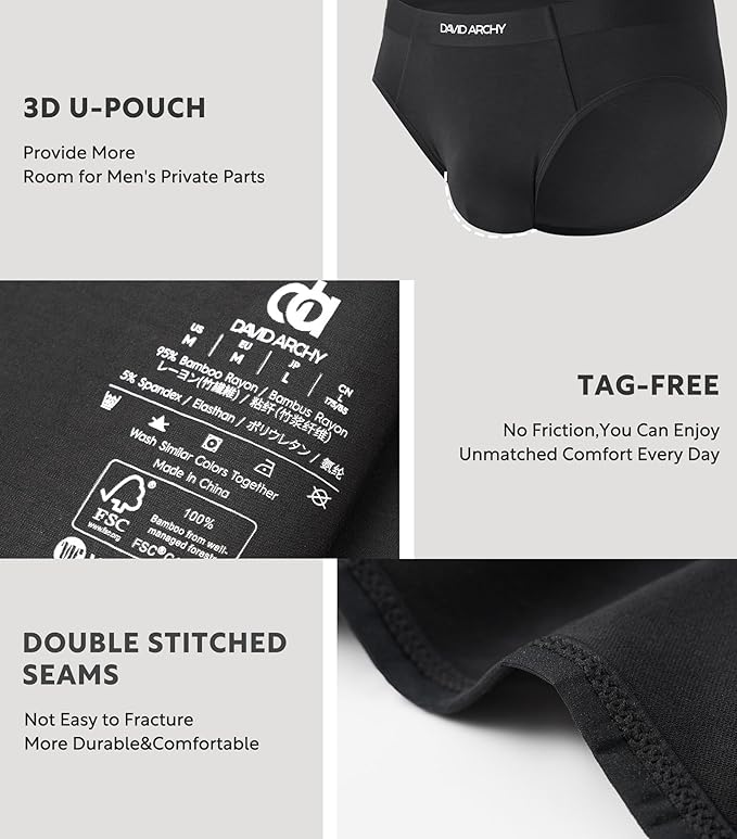 4-Pack Men’s Bamboo Rayon Briefs, Soft Breathable No-Fly Underwear with Seamless Waistband