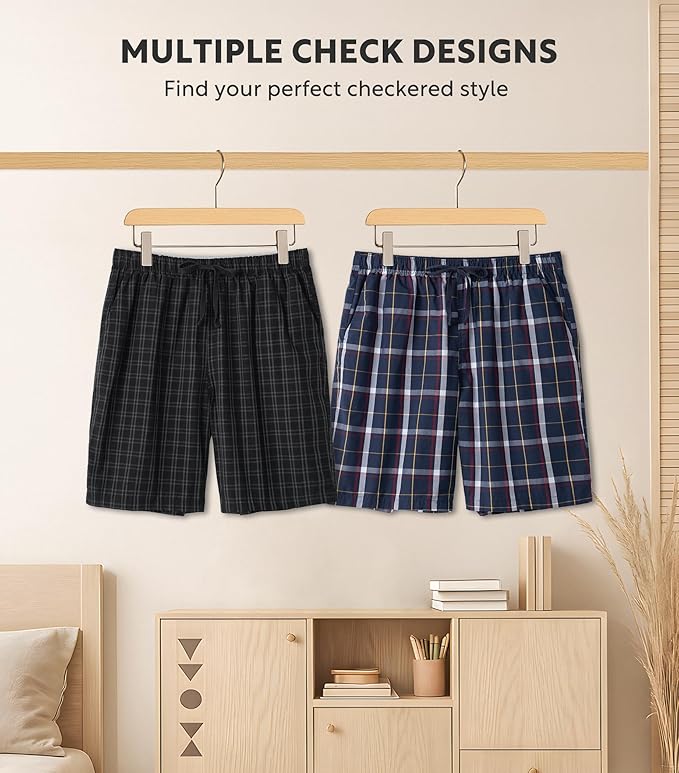 3-Pack Men’s Plaid Pajama Shorts, Lightweight Woven Lounge Sleep Bottoms with Pockets