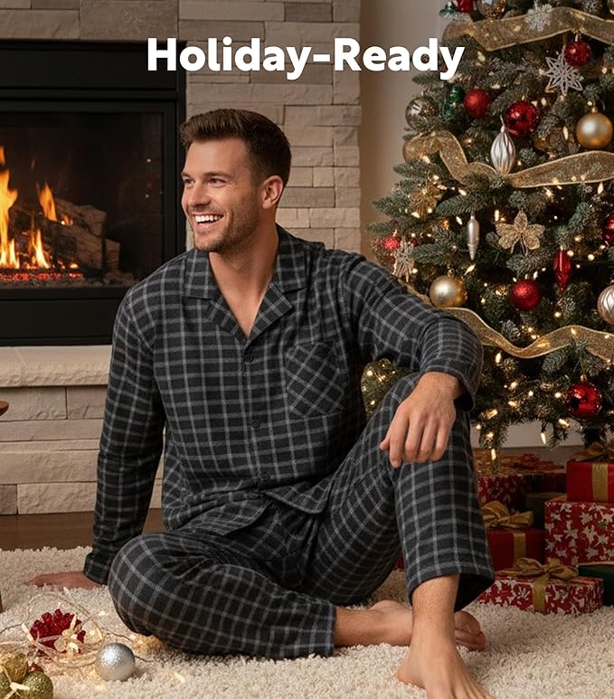 Men’s Ultra-Soft Flannel Pajama Set, Classic Plaid Cotton Lounge Sleepwear with Pockets
