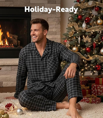 Men’s Ultra-Soft Flannel Pajama Set, Classic Plaid Cotton Lounge Sleepwear with Pockets