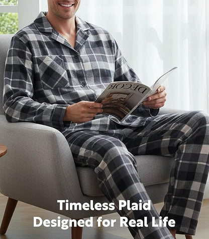 Men’s Ultra-Soft Flannel Pajama Set, Classic Plaid Cotton Lounge Sleepwear with Pockets