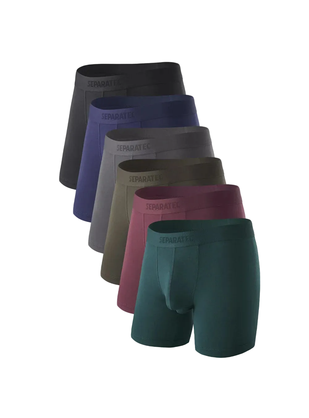Set of six pairs of men's underwear in various colors on a light gray background.